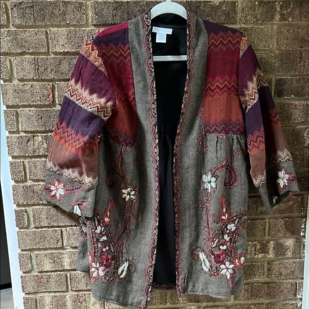 Soft Surroundings Red and Purple Wool Open Front Cardigan Sweater Blazer Small